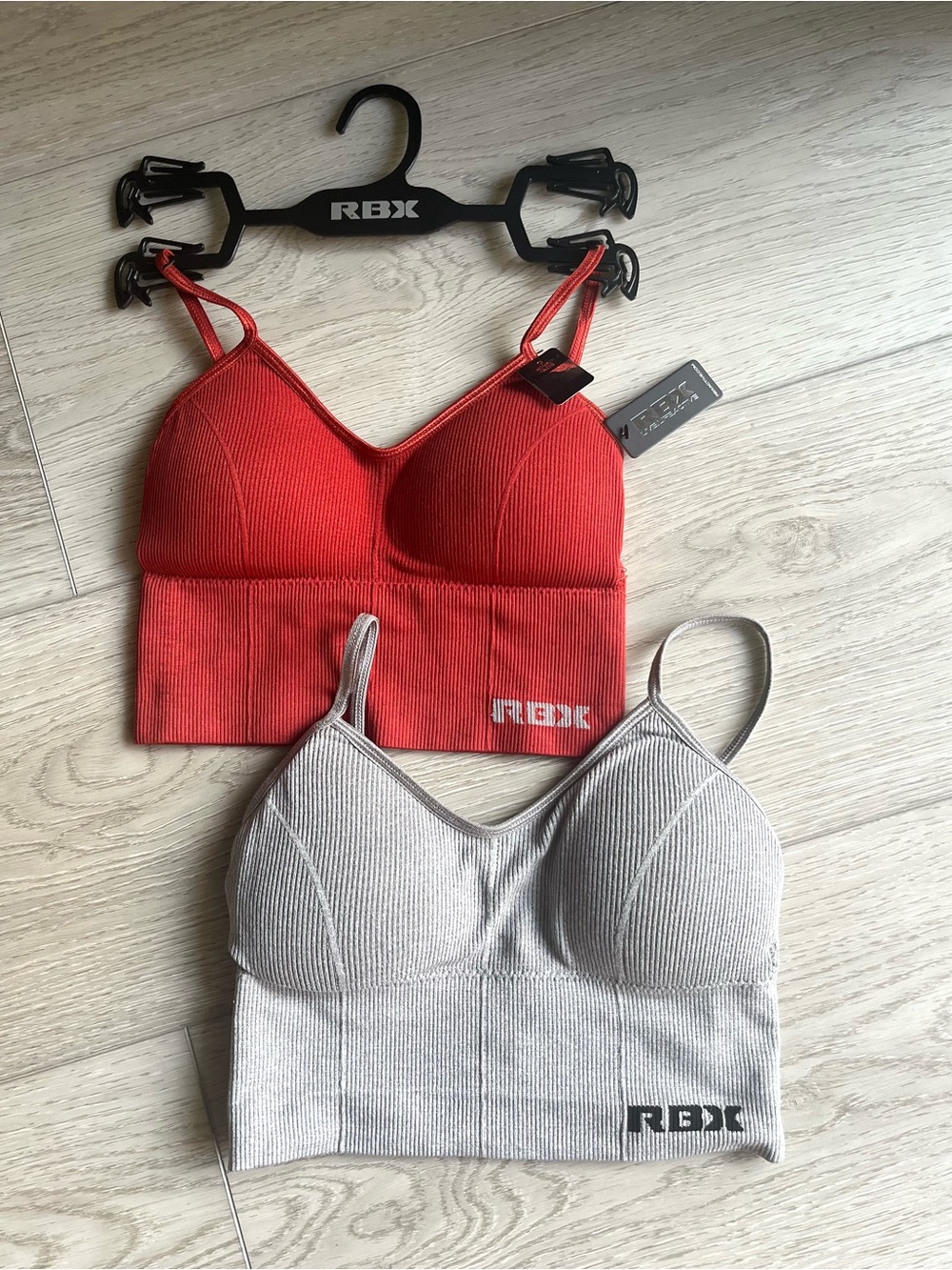 RBX Women’s Sports Bra Bundle - Red + Light Gray Ribbed Crop Tops NWT
